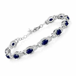 9.71 Ct Blue Sapphire 925 Sterling Silver 7" Bracelet with 1" Extender