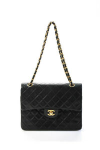 Chanel Womens Vintage Square Quilted Leather Classic Flap Handbag Black