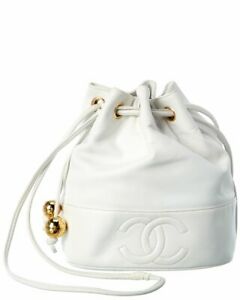 Chanel White Lambskin Leather Drawstring Bucket Bag Women's