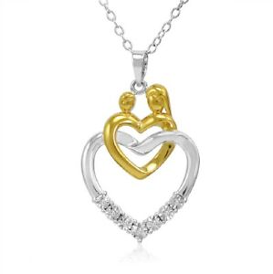 Two Tone Sterling Silver Mother and Child Diamond Heart Pendant Necklace
