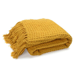 100% Cotton Mustard Honeycomb Pattern Machine Wash Throw Blanket with Tassels