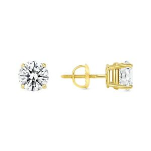 2 Ct Round Created Diamond Earrings Studs Real 14K Yellow Gold Basket Screw Back