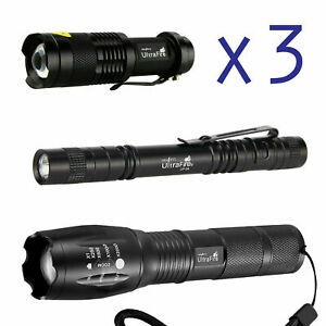 3 x Tactical 18650 Flashlight T6 Ultrafire High Powered 5Modes Zoomable Aluminum
