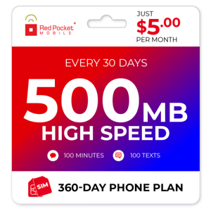 $5/Mo Red Pocket Prepaid Wireless Phone Plan+Kit: 100 Talk 100 Text 500MB