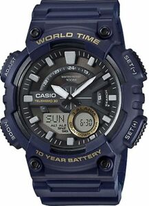 Casio Men's Quartz World Time 10-Yr Battery Blue Resin 50mm Watch AEQ110W-2AV