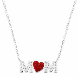 Crystaluxe Mom Red Heart Necklace with Swarovski Crystals, Sterling Silver, 17"