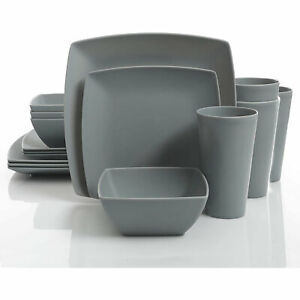 Gibson Home 16 Piece Square Melamine Dinnerware Set Plates, Bowls, & Cups, Grey