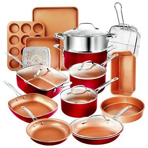 Gotham Steel 20 Piece Red Cookware and Bakeware Set with Ceramic Copper Coating