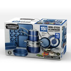 Granitestone Blue Ultra Nonstick 15 Piece Pots and Pans Cookware & Bakeware Set