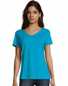 Hanes Womens T-Shirt Short Sleeve Top Nano-T V-Neck Solid Plain 100% Cotton SO4V