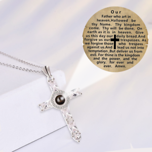 LORD'S PRAYER Silver Crystal Cross Necklace Projection Pendant Religious Oração