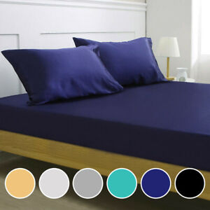 Luxury Satin Silk Deep Pocket Fitted Bed Sheet Mattress Cover Pillowcase Bedding