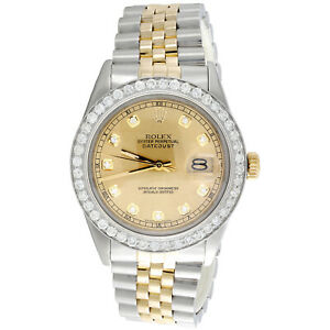 Mens 36mm Rolex DateJust Diamond Watch 18K Two Tone Jubilee Champagne Dial 2 CT.
