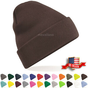 Mens Hat Ribbed Solid Plain Knit Ski Cap Warm Beanie Skull Winter Cuff Hats US