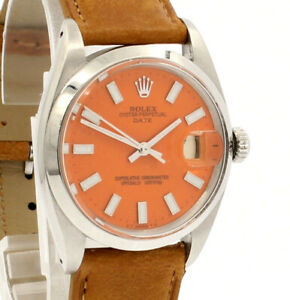 Mens Vintage ROLEX Oyster Perpetual Date 34mm ORANGE Dial Stainless Steel Watch