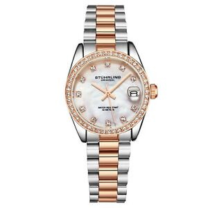 Stuhrling Women's Quartz Crystal Studded Bezel MOP Dial Stainless Steel Bracelet