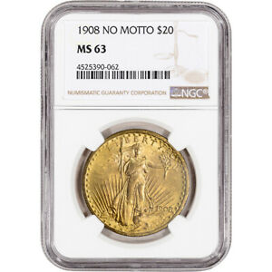 US Gold $20 Saint-Gaudens Double Eagle - NGC MS63 - 1908 No Motto