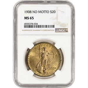 US Gold $20 Saint-Gaudens Double Eagle - NGC MS65 - 1908 No Motto