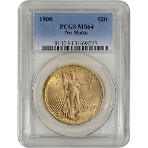 US Gold $20 Saint-Gaudens Double Eagle - PCGS MS64 - 1908 No Motto