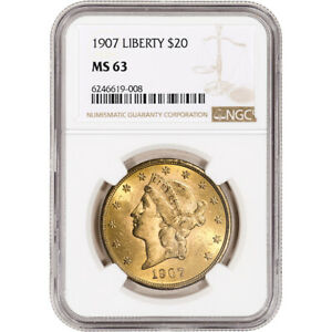 1907 US Gold $20 Liberty Head Double Eagle - NGC MS63