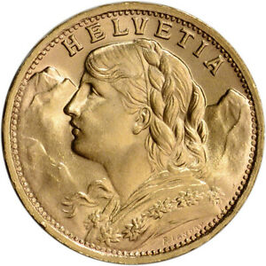 Swiss Gold 20 Francs (.1867 oz) - Helvetia - BU - Post 1933 - Random Date