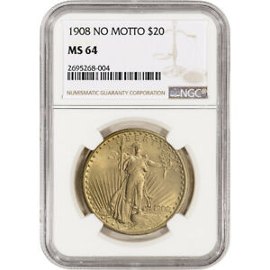 US Gold $20 Saint-Gaudens Double Eagle - NGC MS64 - 1908 No Motto