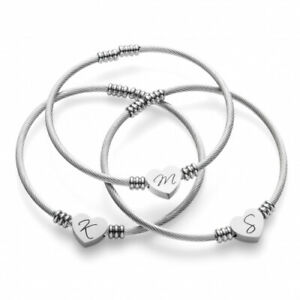 Women's Ladies Stainless Steel WORDS Heart Cable Initial Adjustable Bracelet