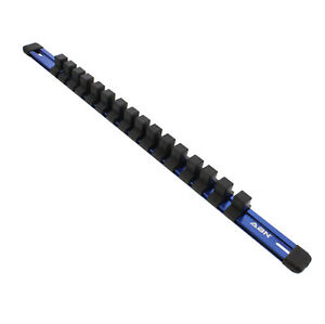 ABN Blue Aluminum SAE 1/2" Inch Drive Socket Holder Rail & Clips Tool Organizer