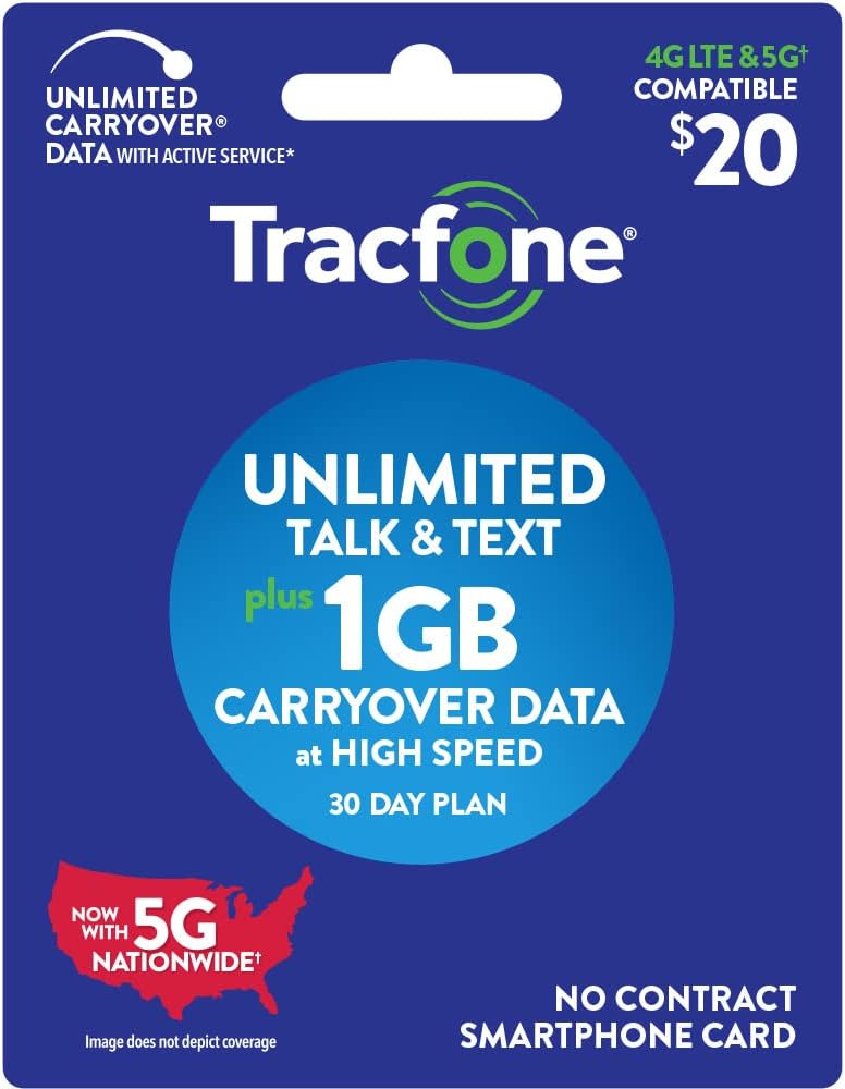 Tracfone $20 Unlimited Talk, Text, 1GB Data - 30 Day Smartphone Plan