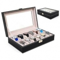 Sale! 12 Slot Leather Wrist Watch Box Display Case Holder Glass Top Jewelry Storage