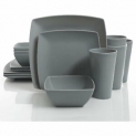 Sale! Gibson Home 16 Piece Square Melamine Dinnerware Set Plates, Bowls, & Cups, Grey