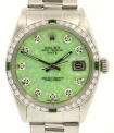 Sale! Mens Vintage ROLEX Oyster Perpetual Date 34mm GREEN OPAL Dial Diamond Stainless