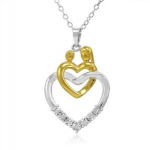 Sale! Two Tone Sterling Silver Mother and Child Diamond Heart Pendant Necklace